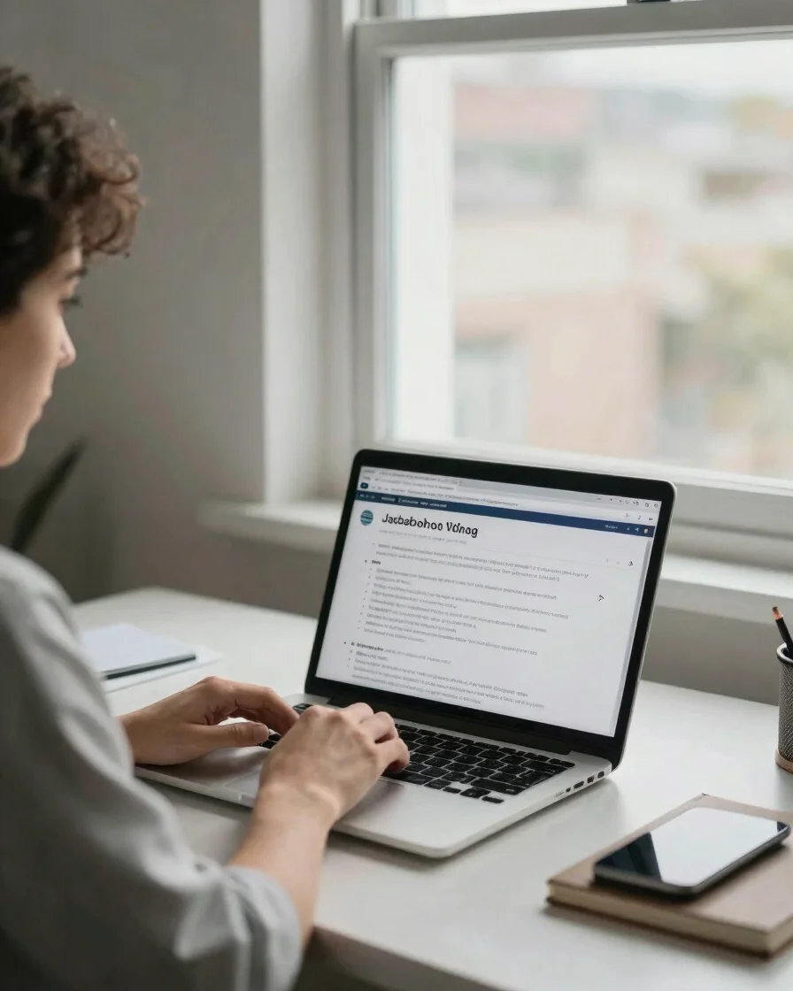 Candid editorial wide of a person reviewing job listings on a lap
